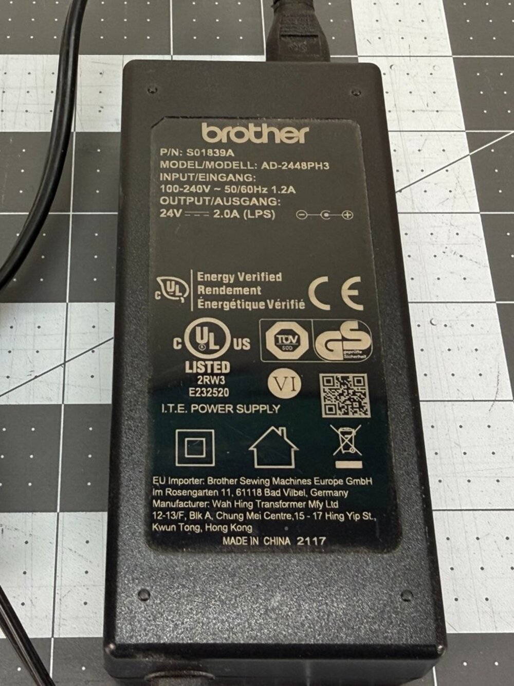 OEM Brother AD-2448PH3 ScanNCut 24V 2.0A AC Power Adapter Cord S01839A